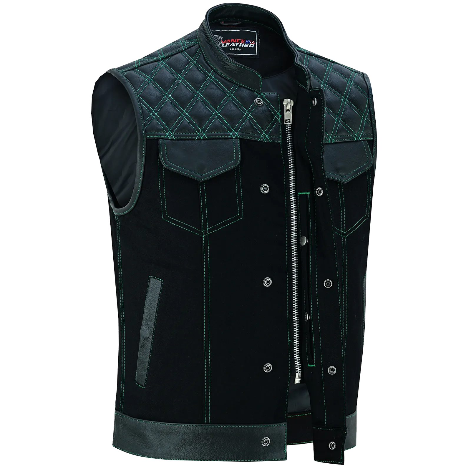 VB924GN Men's Denim & Leather Motorcycle Vest with Conceal Carry Pockets, SOA Biker Club Vest Green Stitching, Diamond Padding, Snap & Zipper Closure