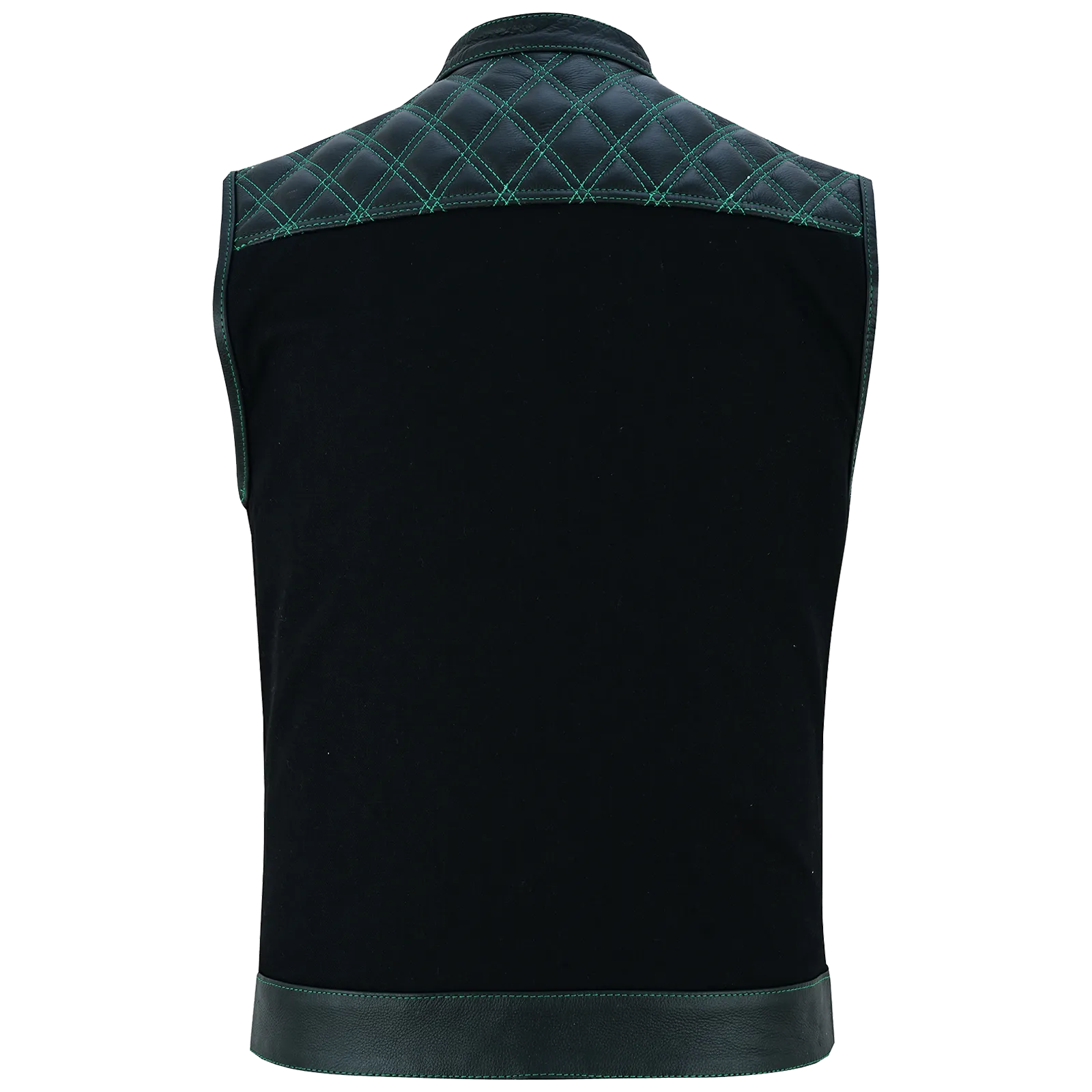 VB924GN Men's Denim & Leather Motorcycle Vest with Conceal Carry Pockets, SOA Biker Club Vest Green Stitching, Diamond Padding, Snap & Zipper Closure