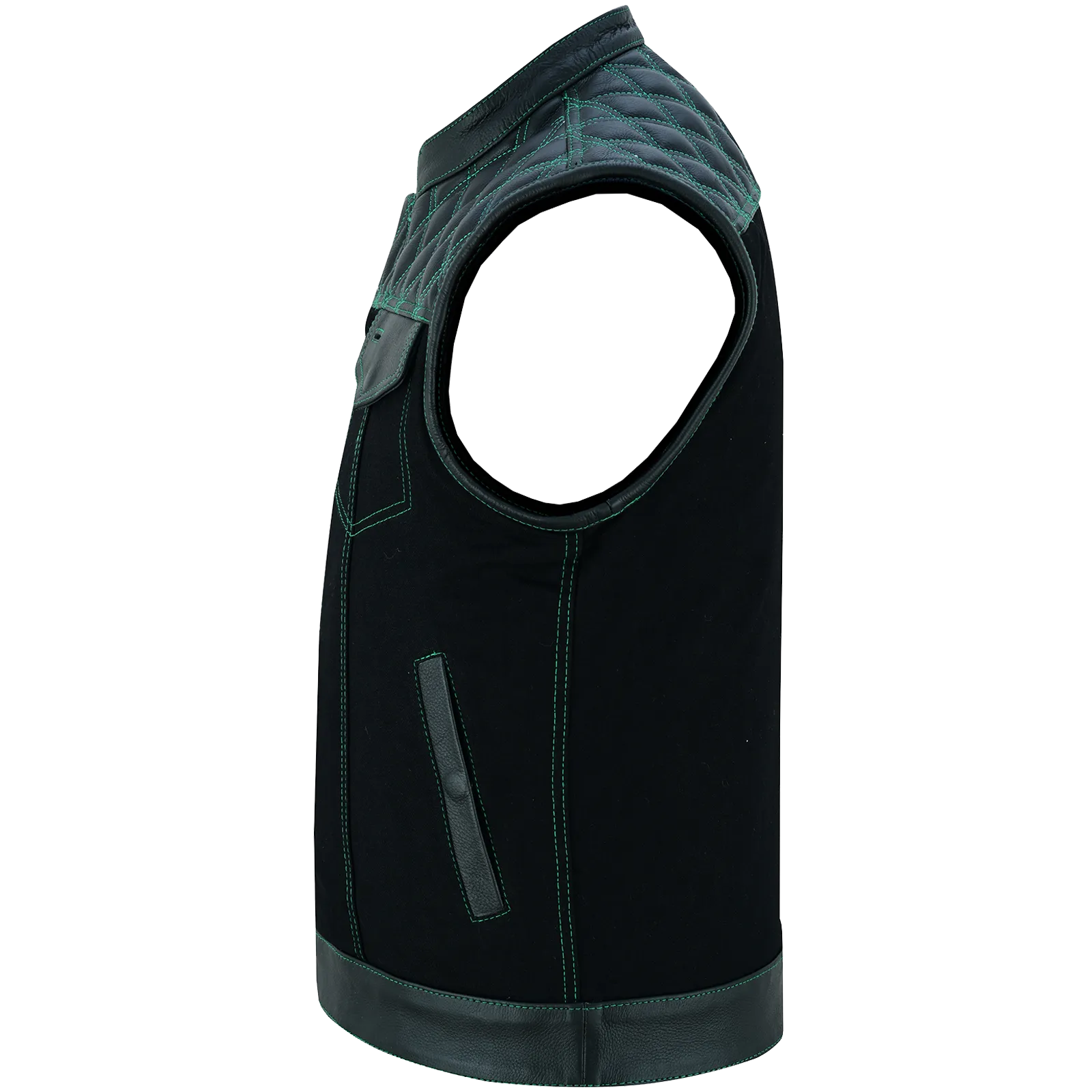 VB924GN Men's Denim & Leather Motorcycle Vest with Conceal Carry Pockets, SOA Biker Club Vest Green Stitching, Diamond Padding, Snap & Zipper Closure