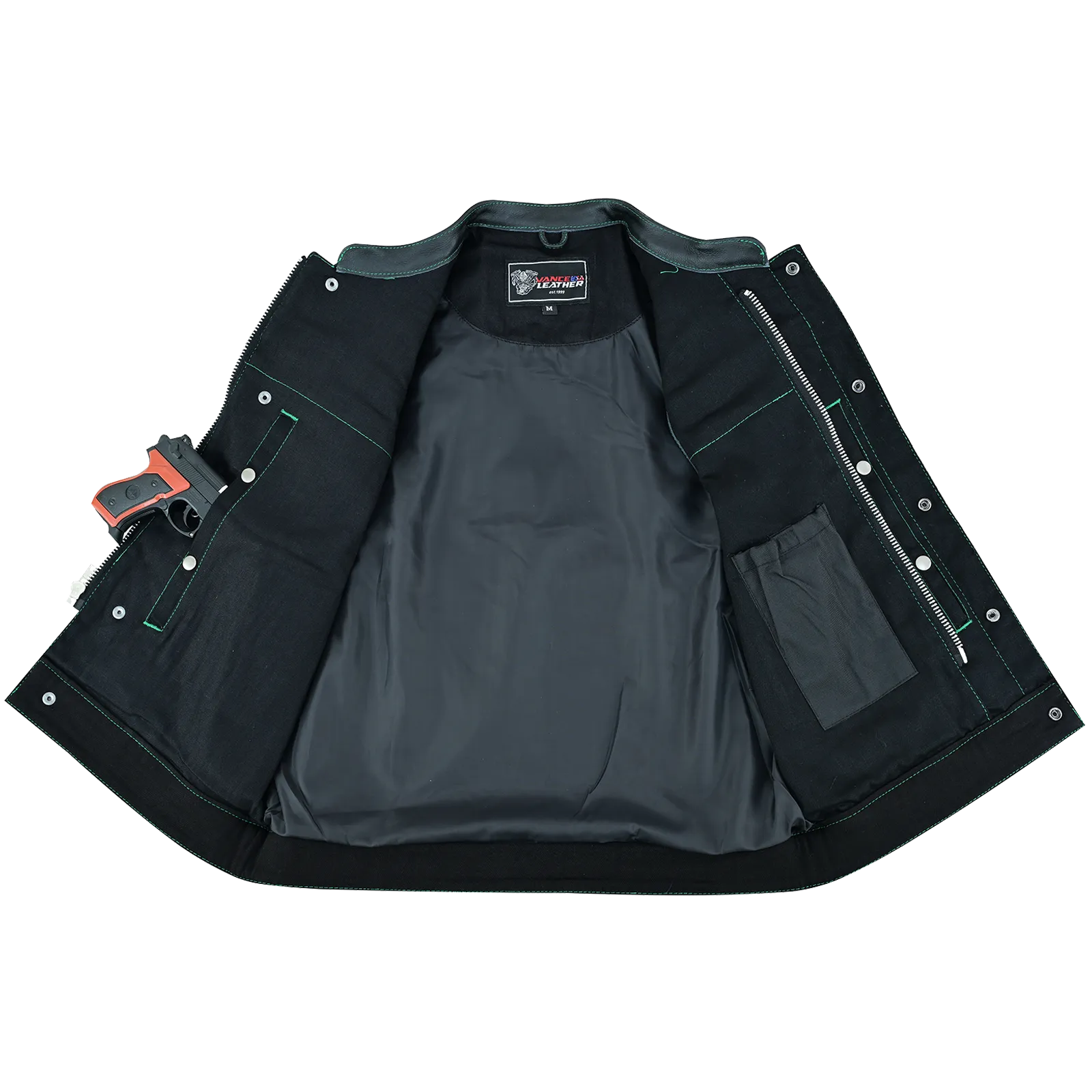 VB924GN Men's Denim & Leather Motorcycle Vest with Conceal Carry Pockets, SOA Biker Club Vest Green Stitching, Diamond Padding, Snap & Zipper Closure