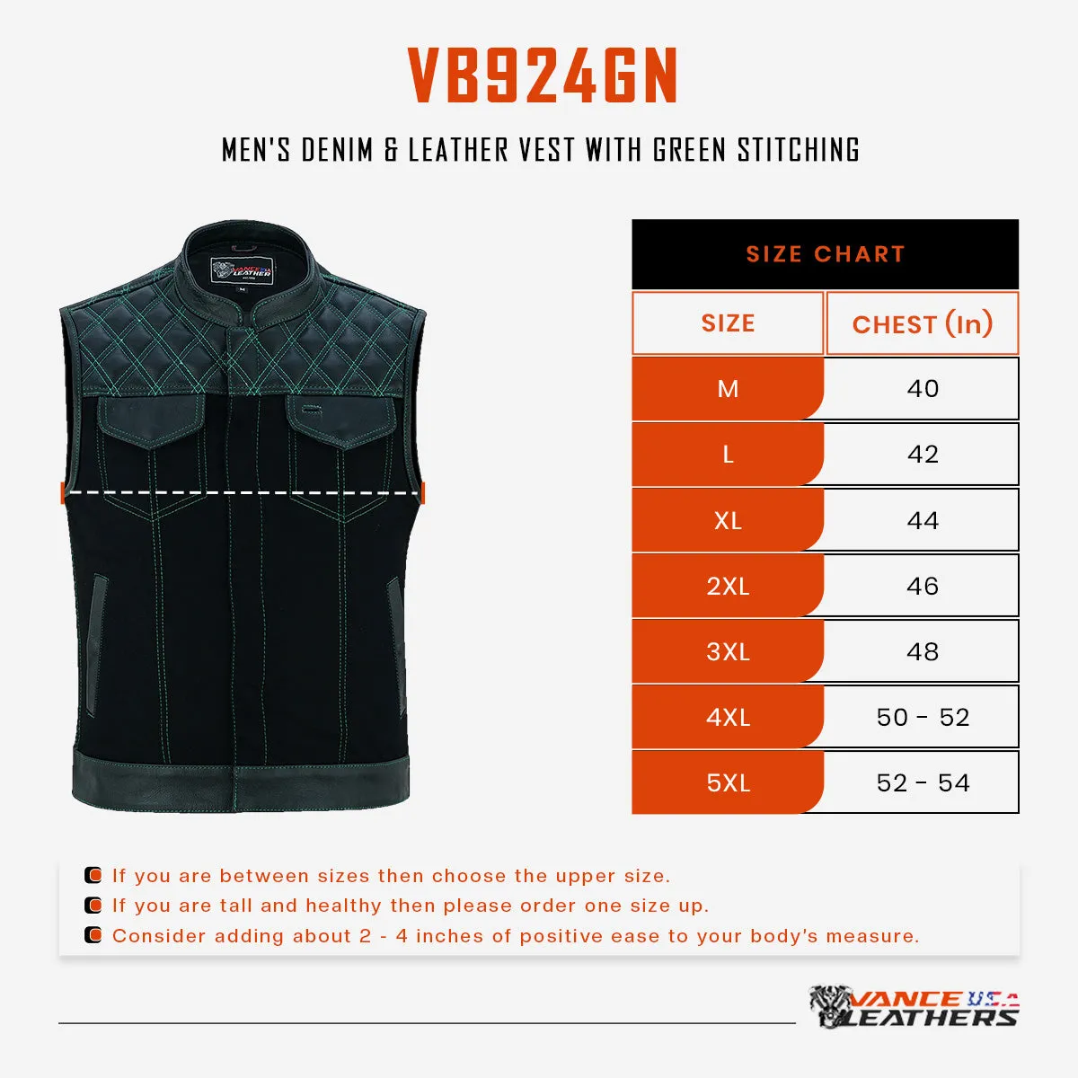 VB924GN Men's Denim & Leather Motorcycle Vest with Conceal Carry Pockets, SOA Biker Club Vest Green Stitching, Diamond Padding, Snap & Zipper Closure