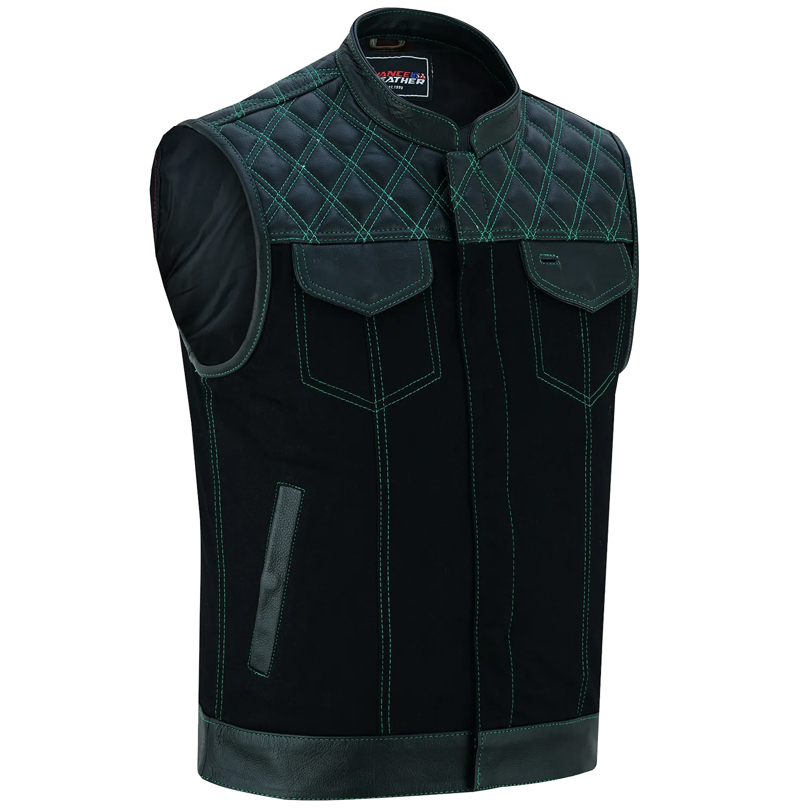 VB924GN Men's Denim & Leather Motorcycle Vest with Conceal Carry Pockets, SOA Biker Club Vest Green Stitching, Diamond Padding, Snap & Zipper Closure