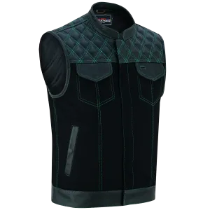 VB924GN Men's Denim & Leather Motorcycle Vest with Conceal Carry Pockets, SOA Biker Club Vest Green Stitching, Diamond Padding, Snap & Zipper Closure