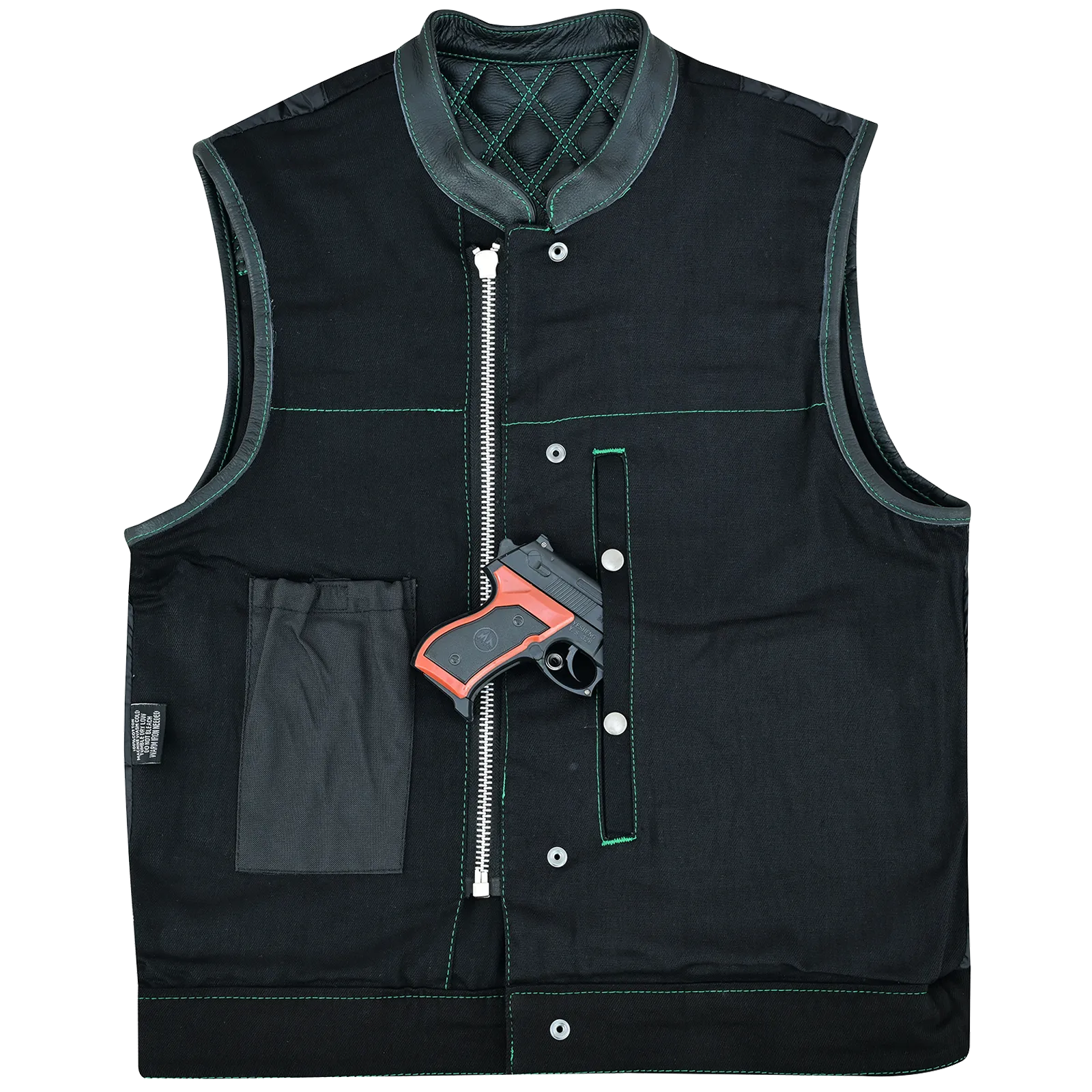 VB924GN Men's Denim & Leather Motorcycle Vest with Conceal Carry Pockets, SOA Biker Club Vest Green Stitching, Diamond Padding, Snap & Zipper Closure