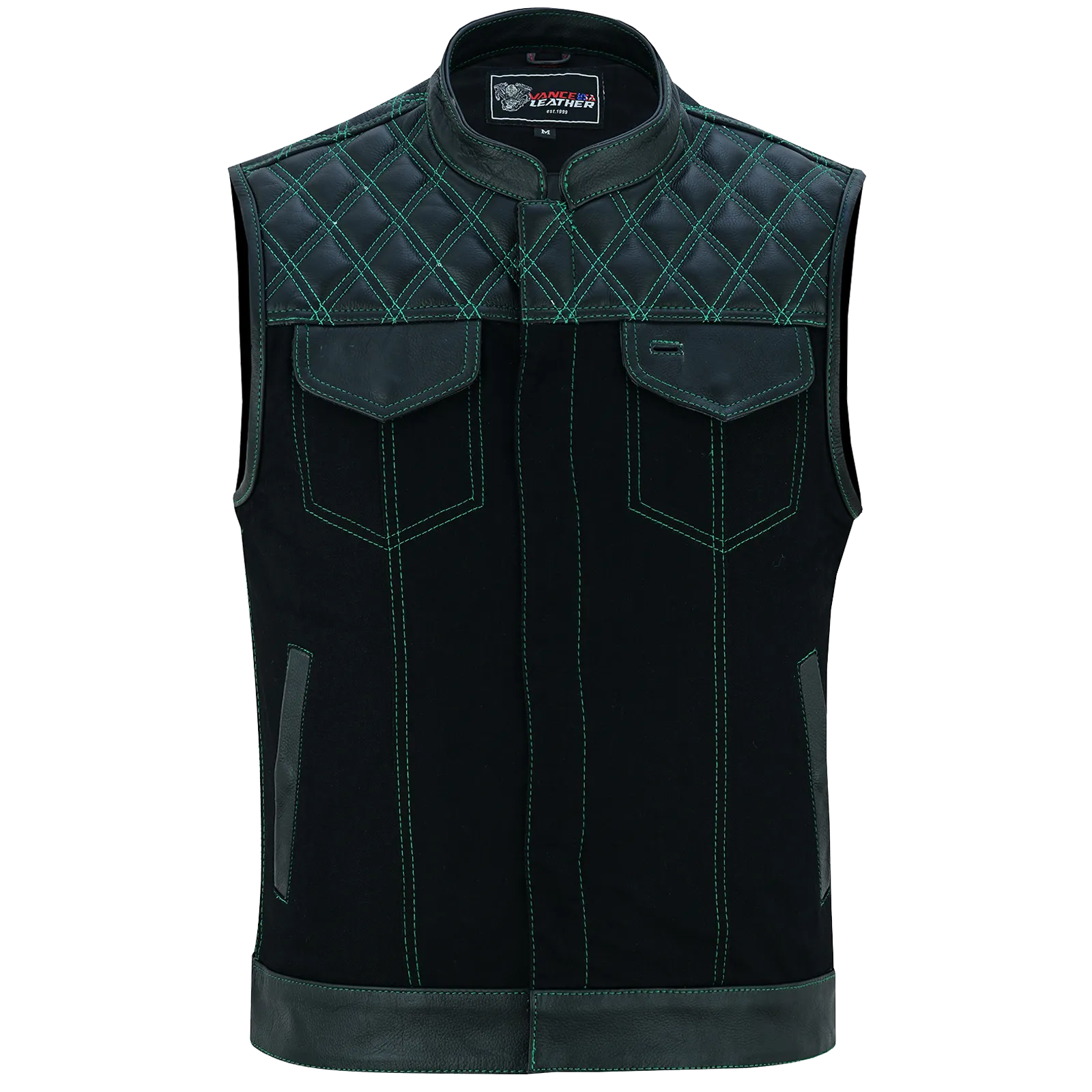 VB924GN Men's Denim & Leather Motorcycle Vest with Conceal Carry Pockets, SOA Biker Club Vest Green Stitching, Diamond Padding, Snap & Zipper Closure