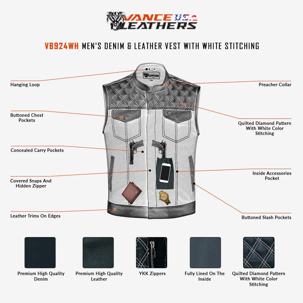 VB924WH Men's Denim & Leather Motorcycle Vest with Conceal Carry Pockets, SOA Biker Club Vest White Stitching, Diamond Padding, Snap & Zipper Closure