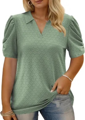 VISLILY Womens-Plus-Size-Summer-Tops Polo V Neck T Shirts Puff Short Sleeve Lapel Collared Work Blouses Eyelet Tunics XL-5XL
