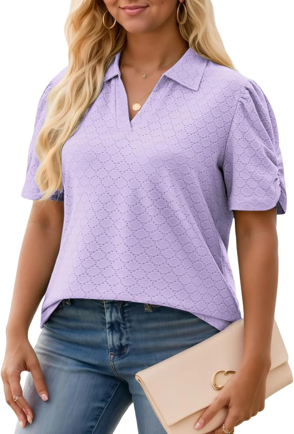 VISLILY Womens-Plus-Size-Summer-Tops Polo V Neck T Shirts Puff Short Sleeve Lapel Collared Work Blouses Eyelet Tunics XL-5XL