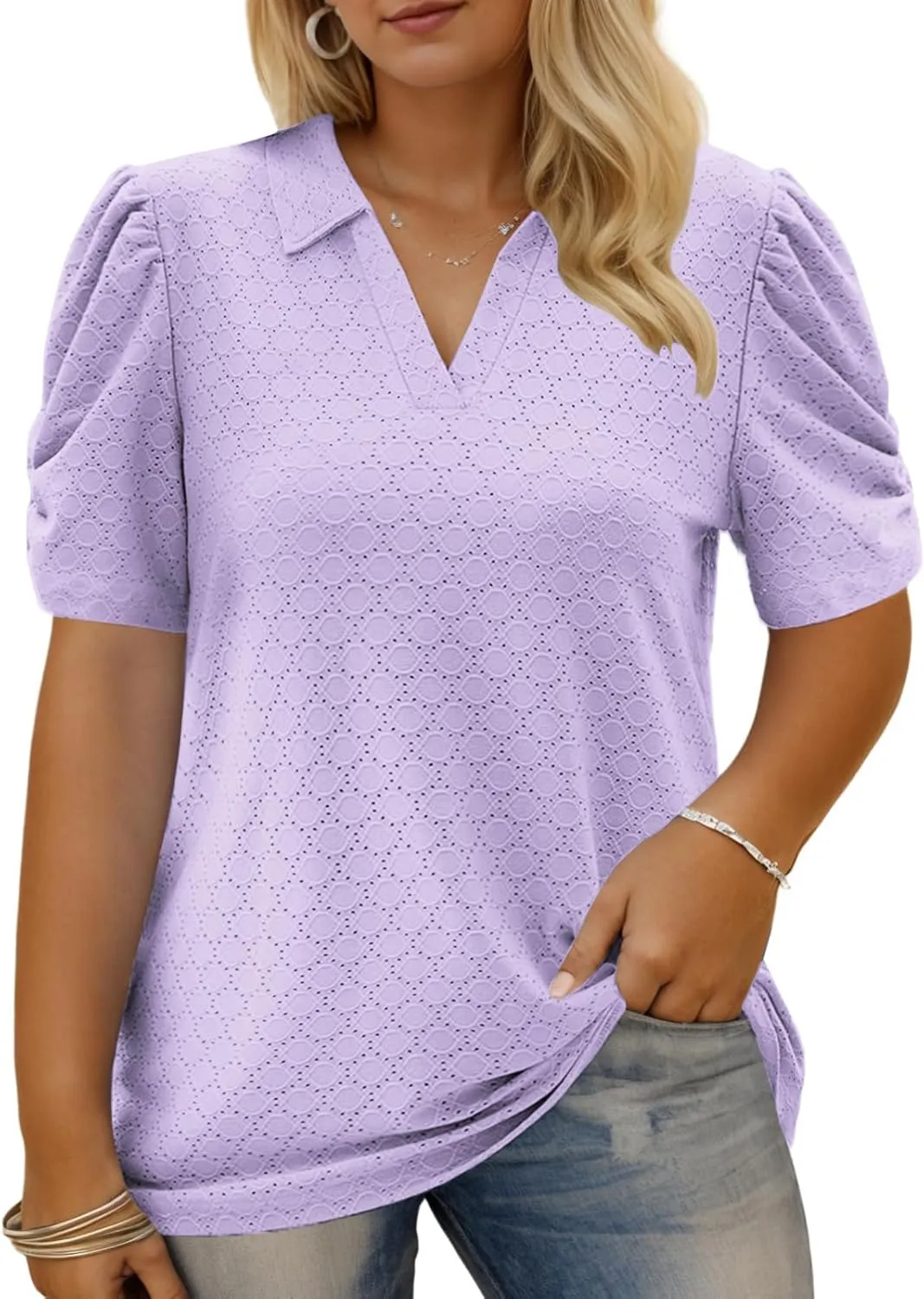 VISLILY Womens-Plus-Size-Summer-Tops Polo V Neck T Shirts Puff Short Sleeve Lapel Collared Work Blouses Eyelet Tunics XL-5XL