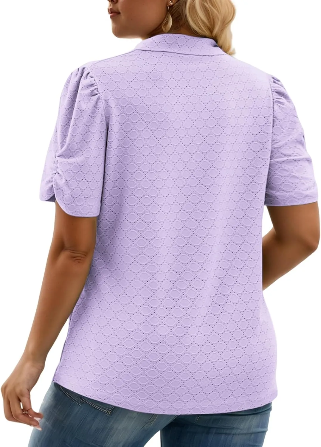 VISLILY Womens-Plus-Size-Summer-Tops Polo V Neck T Shirts Puff Short Sleeve Lapel Collared Work Blouses Eyelet Tunics XL-5XL