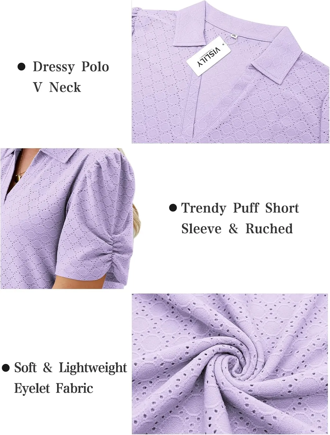 VISLILY Womens-Plus-Size-Summer-Tops Polo V Neck T Shirts Puff Short Sleeve Lapel Collared Work Blouses Eyelet Tunics XL-5XL