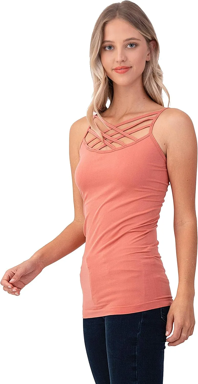 Women Sexy Criss Cross Front Spaghetti Strap Basic Round HollowOut Neck Seamless Camisole Tank Top