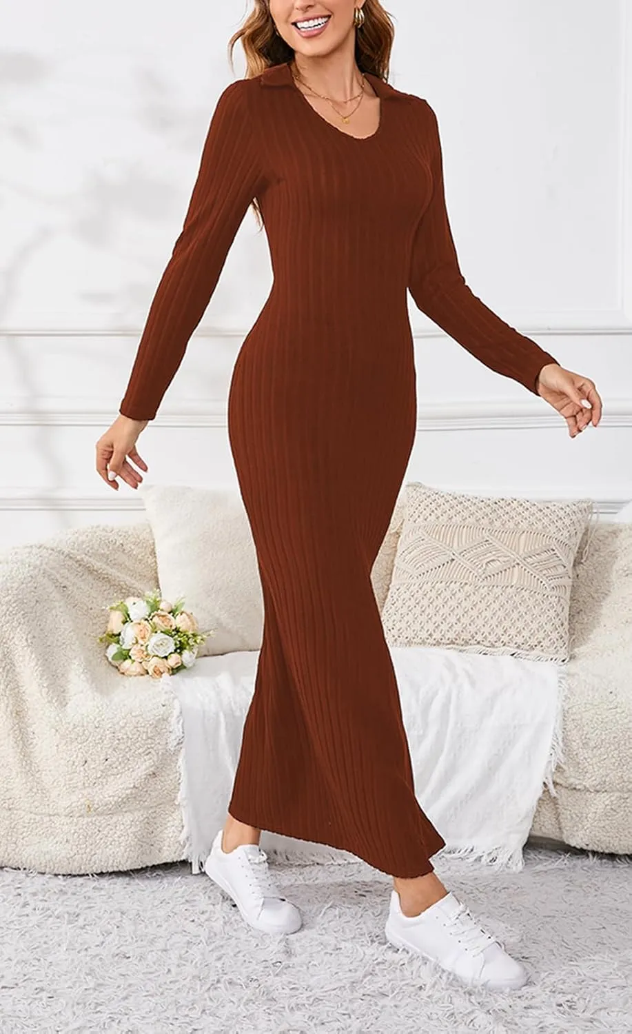 Women's Casual Long Sleeve Collar V Neck Maxi Sweater Dress Sexy Slit Thigh Ribbed Knit Bodycon Pencil Dresses