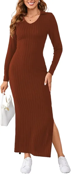 Women's Casual Long Sleeve Collar V Neck Maxi Sweater Dress Sexy Slit Thigh Ribbed Knit Bodycon Pencil Dresses