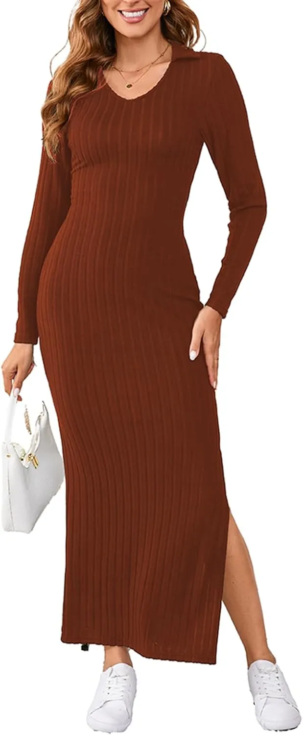 Women's Casual Long Sleeve Collar V Neck Maxi Sweater Dress Sexy Slit Thigh Ribbed Knit Bodycon Pencil Dresses