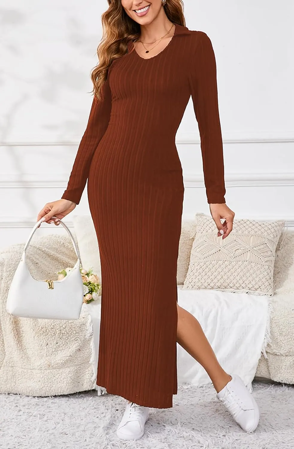 Women's Casual Long Sleeve Collar V Neck Maxi Sweater Dress Sexy Slit Thigh Ribbed Knit Bodycon Pencil Dresses