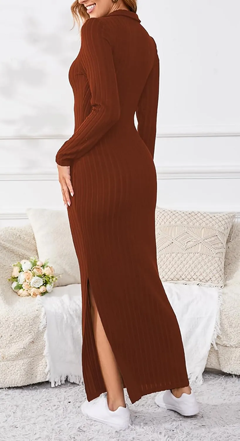 Women's Casual Long Sleeve Collar V Neck Maxi Sweater Dress Sexy Slit Thigh Ribbed Knit Bodycon Pencil Dresses
