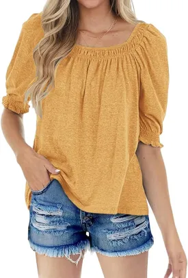Womens Casual Square Neck Puff Half Sleeve Tops Pleated Loose Basic Summer T Shirts Blouses
