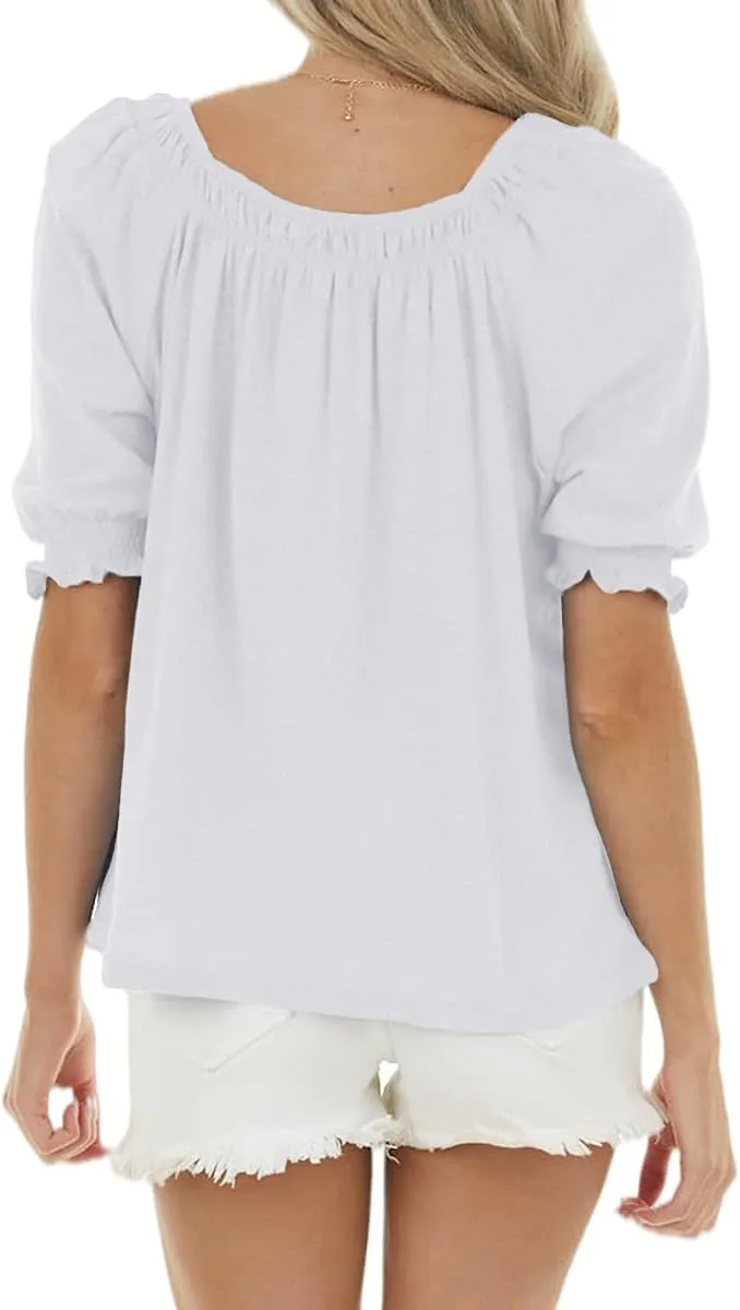 Womens Casual Square Neck Puff Half Sleeve Tops Pleated Loose Basic Summer T Shirts Blouses