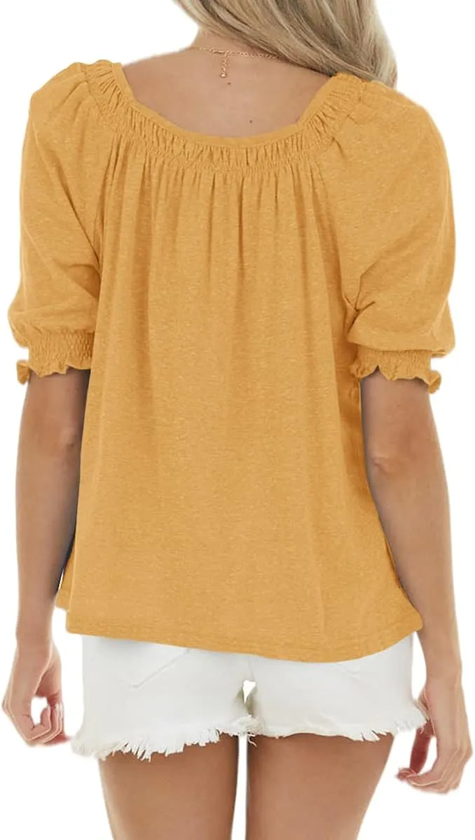 Womens Casual Square Neck Puff Half Sleeve Tops Pleated Loose Basic Summer T Shirts Blouses