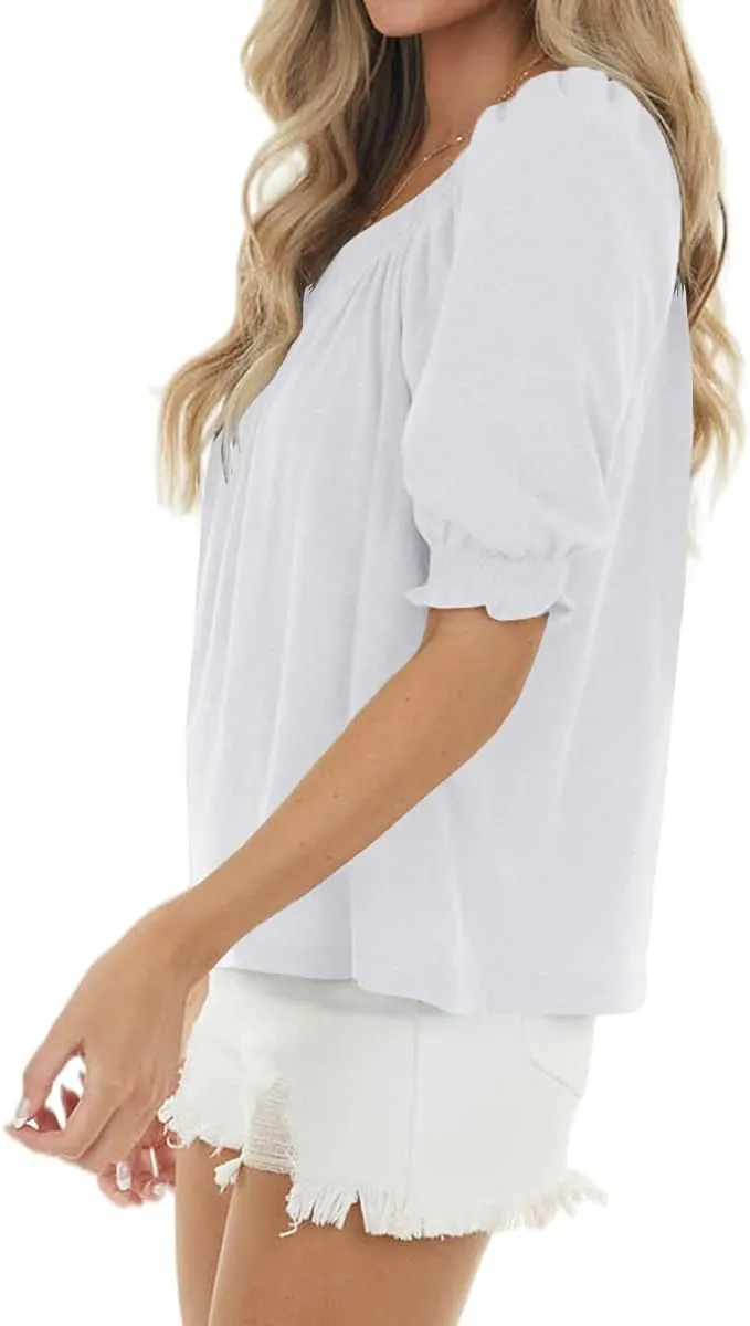 Womens Casual Square Neck Puff Half Sleeve Tops Pleated Loose Basic Summer T Shirts Blouses