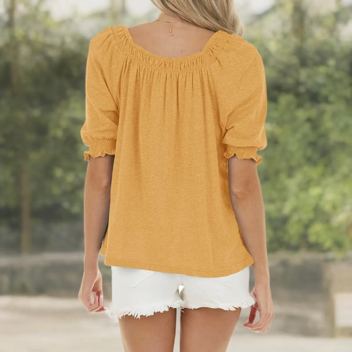 Womens Casual Square Neck Puff Half Sleeve Tops Pleated Loose Basic Summer T Shirts Blouses