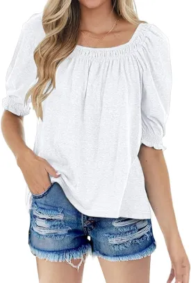 Womens Casual Square Neck Puff Half Sleeve Tops Pleated Loose Basic Summer T Shirts Blouses