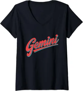Womens Gemini Zodiac Sign Astrology May or June Birthday Retro V-Neck T-Shirt