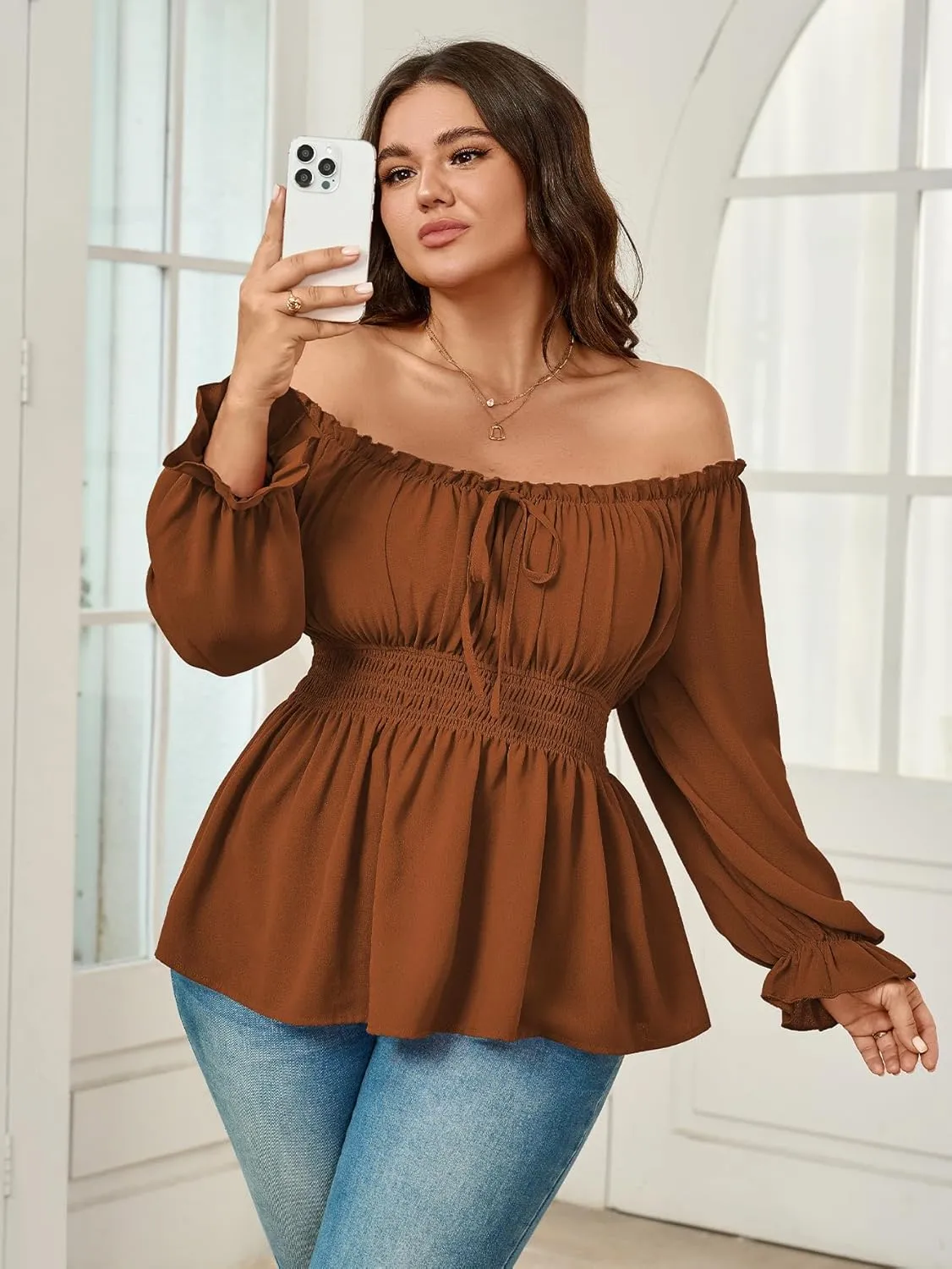 Womens Plus Size Tops Square Neck Long Sleeve Blouse Babydoll Ruffle Peplum Smocked Summer Top