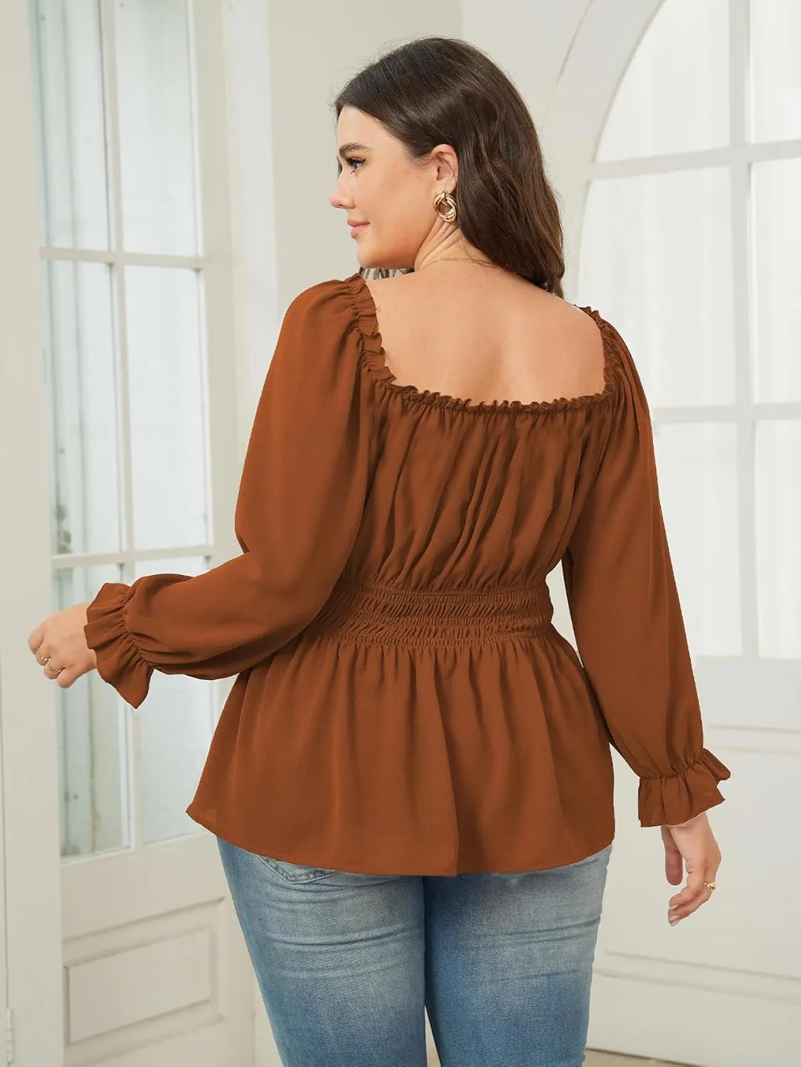 Womens Plus Size Tops Square Neck Long Sleeve Blouse Babydoll Ruffle Peplum Smocked Summer Top