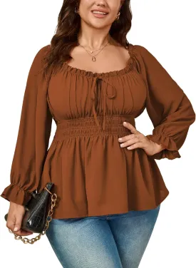 Womens Plus Size Tops Square Neck Long Sleeve Blouse Babydoll Ruffle Peplum Smocked Summer Top