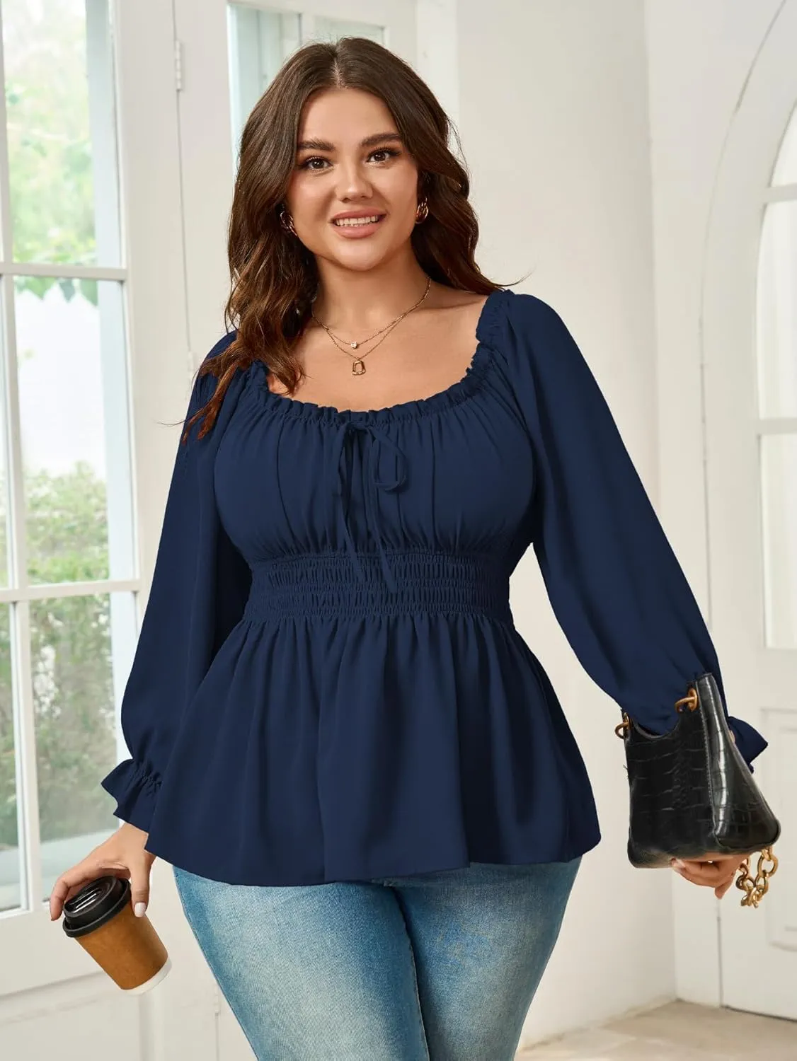 Womens Plus Size Tops Square Neck Long Sleeve Blouse Babydoll Ruffle Peplum Smocked Summer Top