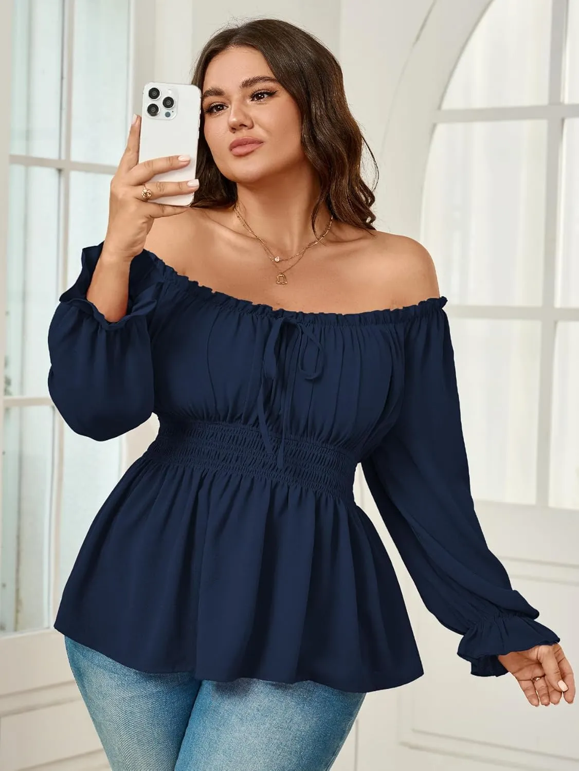 Womens Plus Size Tops Square Neck Long Sleeve Blouse Babydoll Ruffle Peplum Smocked Summer Top