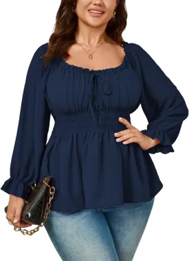 Womens Plus Size Tops Square Neck Long Sleeve Blouse Babydoll Ruffle Peplum Smocked Summer Top