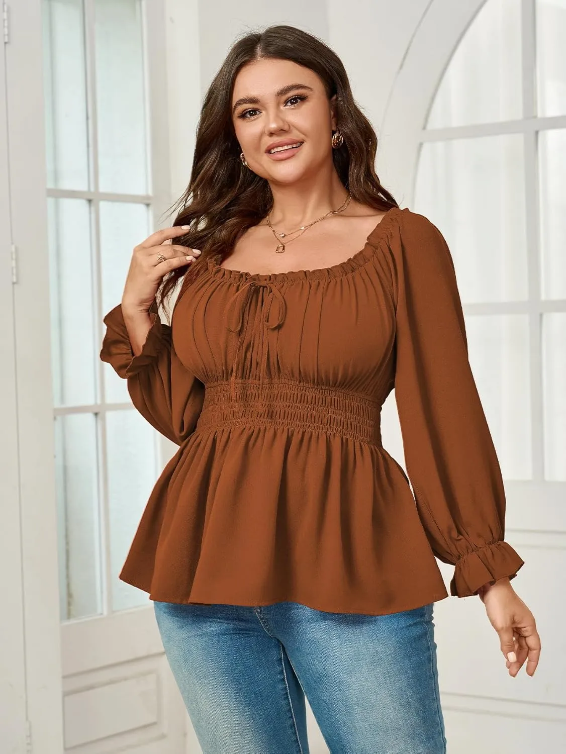 Womens Plus Size Tops Square Neck Long Sleeve Blouse Babydoll Ruffle Peplum Smocked Summer Top