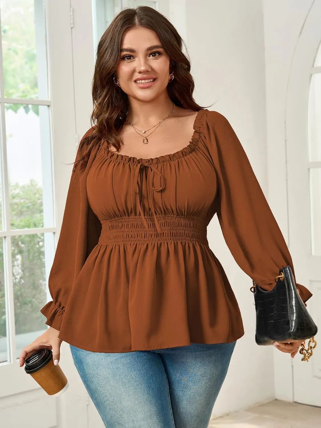 Womens Plus Size Tops Square Neck Long Sleeve Blouse Babydoll Ruffle Peplum Smocked Summer Top