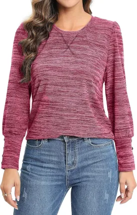 Womens Puff Long Sleeve Tops Scoop Neck Button Trim Trendy Dressy Casual Shirts Blouses