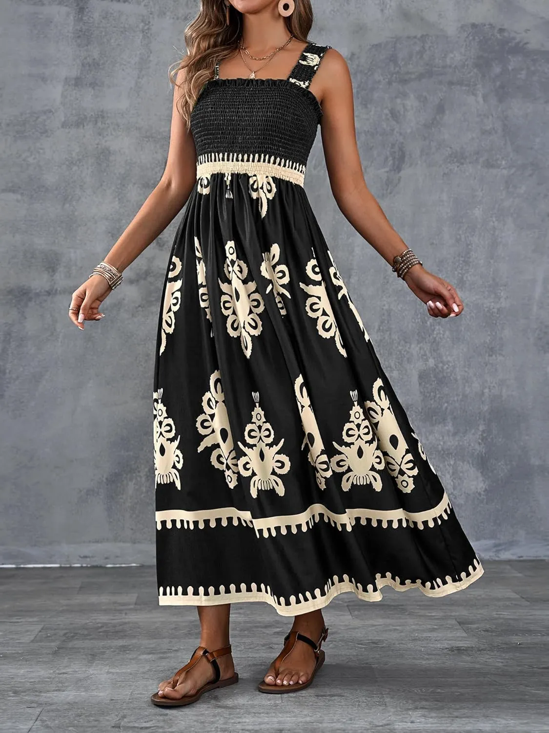 Womens Square Neck Boho Maxi Dress Casual Long Spring Summer Dresses Sundresses for Women Beach Vacation 2025