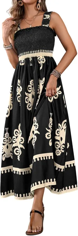 Womens Square Neck Boho Maxi Dress Casual Long Spring Summer Dresses Sundresses for Women Beach Vacation 2025