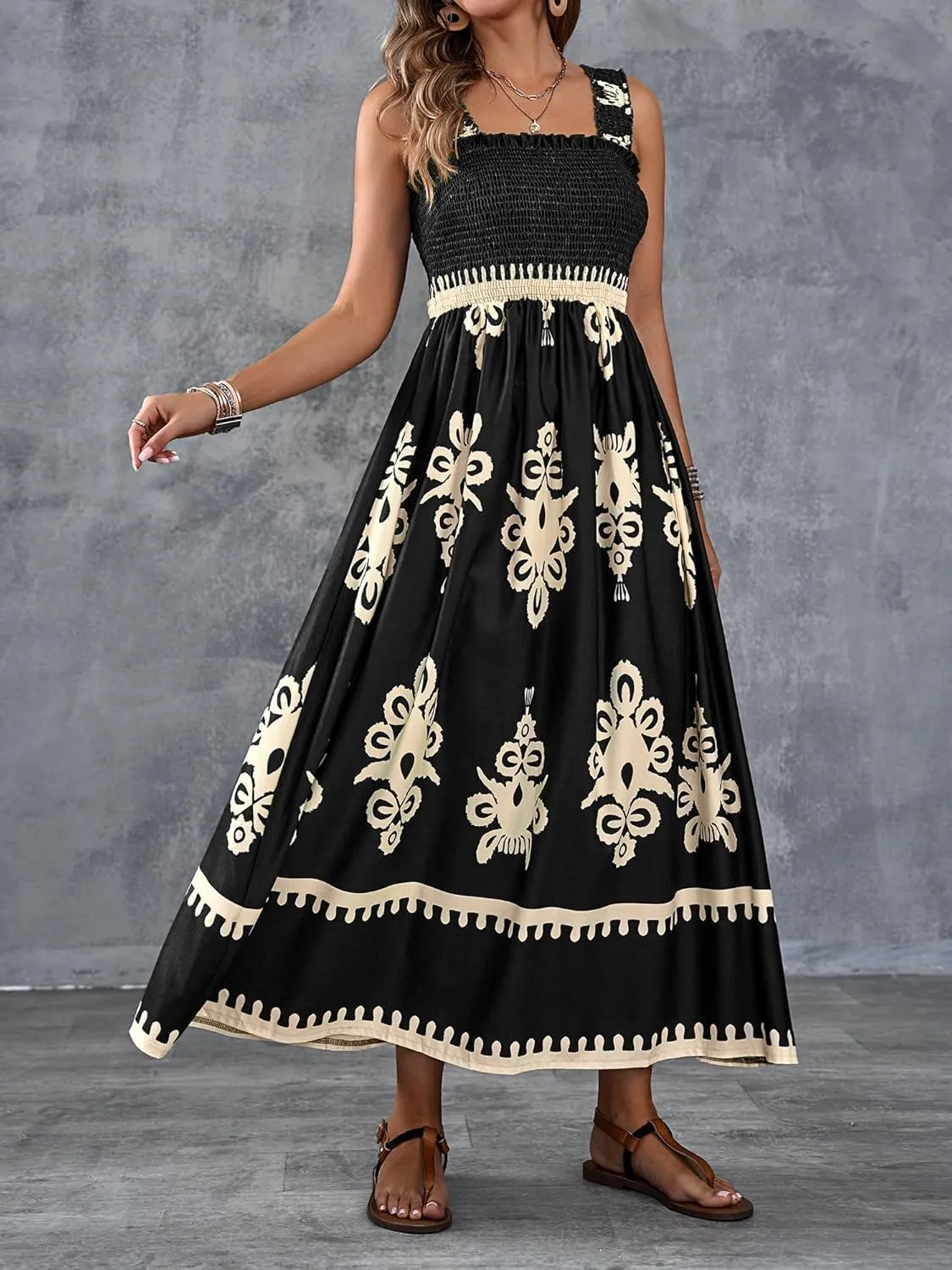 Womens Square Neck Boho Maxi Dress Casual Long Spring Summer Dresses Sundresses for Women Beach Vacation 2025