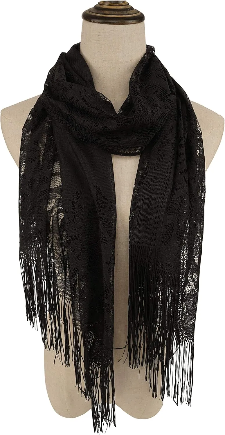 YOUR SMILE Ladies/Women's Lightweight Solid Color Fringe Lace Tassels Long Shawl Scarf For Spring Summer Fall