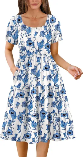 Zeagoo Women's Summer Dress Casual Puff Sleeve Square Neck Midi Dresses Tiered Beach Vacation A-Line Sundress with Pockets