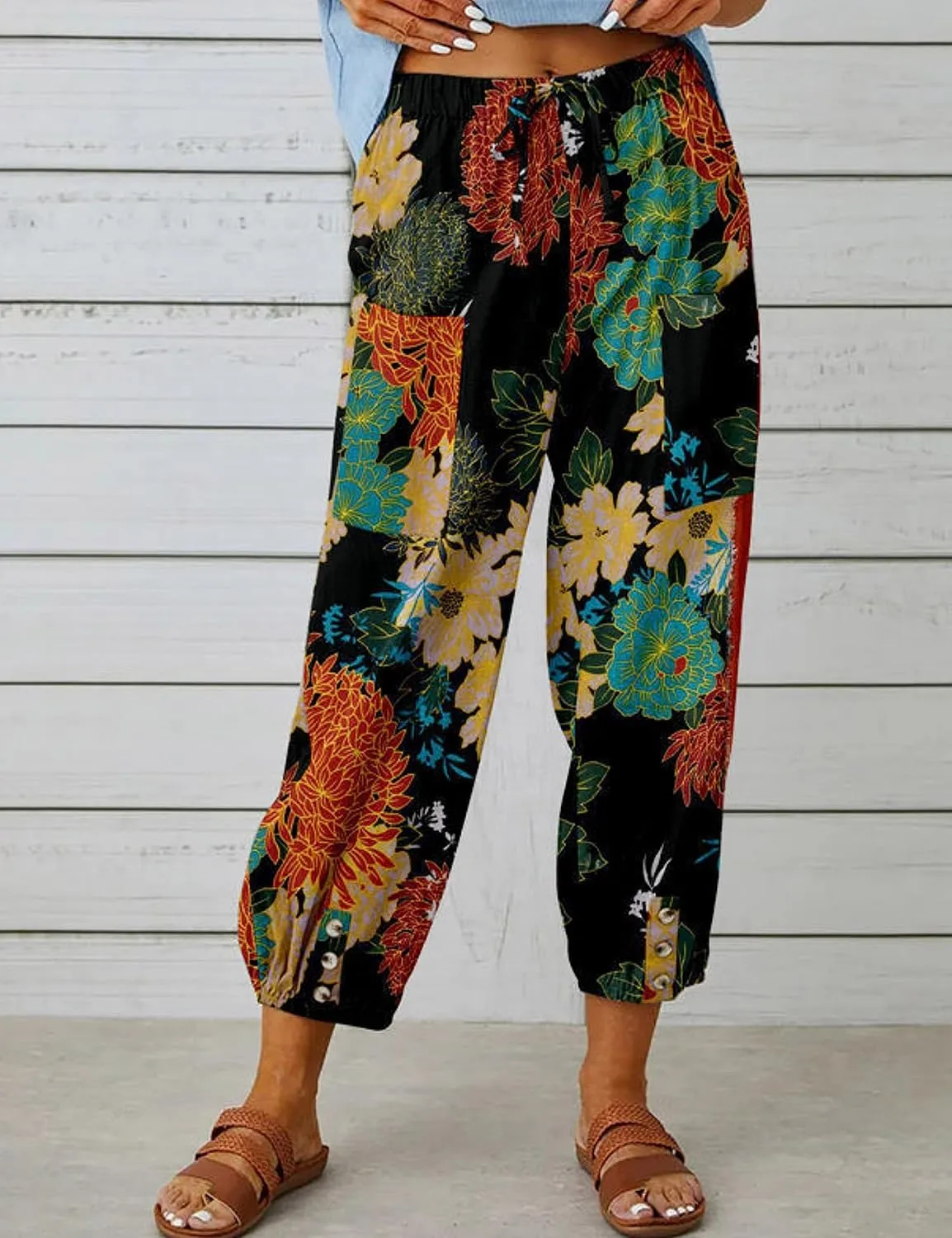 Zontroldy Linen Capri Pants for Women High Waisted Wide Leg Yoga Capris Crop Pants Sweatpants with Pockets